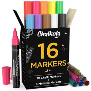 chalkola liquid chalk markers & metallic colors pack of 16 chalk pens - for chalkboard, blackboards, window, glass, bistro | 6mm reversible bullet & chisel tip erasable ink