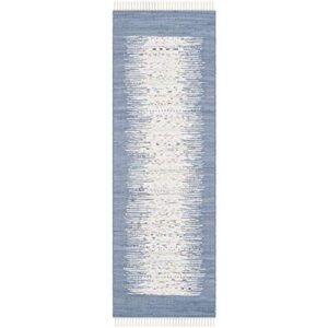 SAFAVIEH Montauk Collection Runner Rug - 2'3" x 9', Ivory & Dark Blue, Handmade Stripe Fringe Cotton, Ideal for High Traffic Areas in Living Room, Bedroom (MTK711E)