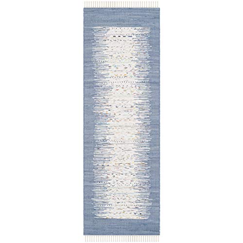 SAFAVIEH Montauk Collection Runner Rug - 2'3" x 9', Ivory & Dark Blue, Handmade Stripe Fringe Cotton, Ideal for High Traffic Areas in Living Room, Bedroom (MTK711E)