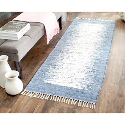 SAFAVIEH Montauk Collection Runner Rug - 2'3" x 9', Ivory & Dark Blue, Handmade Stripe Fringe Cotton, Ideal for High Traffic Areas in Living Room, Bedroom (MTK711E)