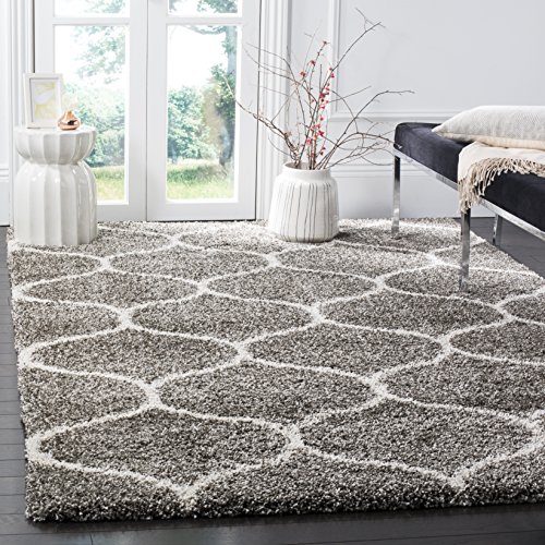 SAFAVIEH Hudson Shag Collection Area Rug - 9' x 12', Grey & Ivory, Moroccan Ogee Trellis Design, Non-Shedding & Easy Care, 2-inch Thick Ideal for High Traffic Areas in Living Room, Bedroom (SGH280B)