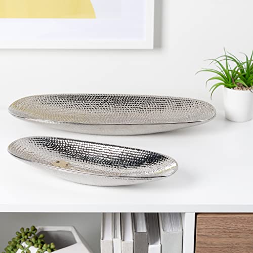 Torre & Tagus Helio Hammered Ceramic Platter Fruit Bowl for Living Dining Room Bathroom Accessories Mid-Century Modern Décor Accent Center Piece, Small, Silver
