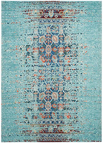 SAFAVIEH Monaco Collection Area Rug - 6'7" x 9'2", Blue & Multi, Boho Abstract Distressed Design, Non-Shedding & Easy Care, Ideal for High Traffic Areas in Living Room, Bedroom (MNC208J)