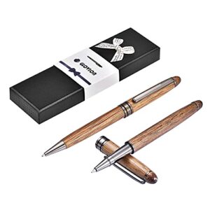 glovion wooden ballpoint pen set 2 pack, fancy luxury gel rollerball writing pens for men nice wood pen with gift case extra 4 refills(blue and black) business ink pen signatures writer journaler