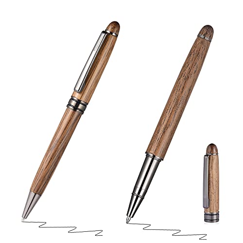 Glovion Wooden Ballpoint Pen Set 2 Pack, Fancy Luxury Gel Rollerball Writing Pens for Men Nice Wood Pen with Gift Case Extra 4 Refills(Blue and Black) Business Ink Pen Signatures Writer Journaler