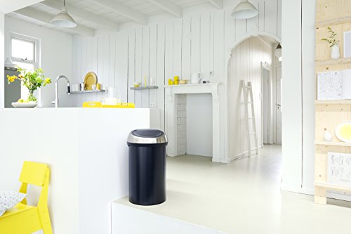 Brabantia 16 Gallon Large Kitchen Touch Top Trash Can (Matt Black/Brilliant Steel Lid) Removable Lid, Soft-Touch Open Garbage Can