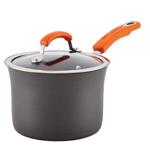 rachael ray brights hard anodized nonstick sauce pan/saucepan with lid, 3 quart, gray with orange handles