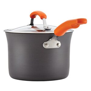 Rachael Ray Brights Hard Anodized Nonstick Sauce Pan/Saucepan with Lid, 3 Quart, Gray with orange handles