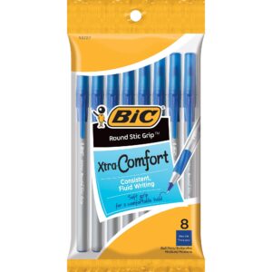 bic round stic grip xtra comfort ballpoint pen, medium point (1.2mm), blue, 8-count