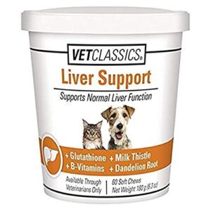 vet classics liver support pet health supplement for dogs, cats – liver functions – b-vitamins, glutathione, milk thistle – soft tablets, chews – 60 soft chews