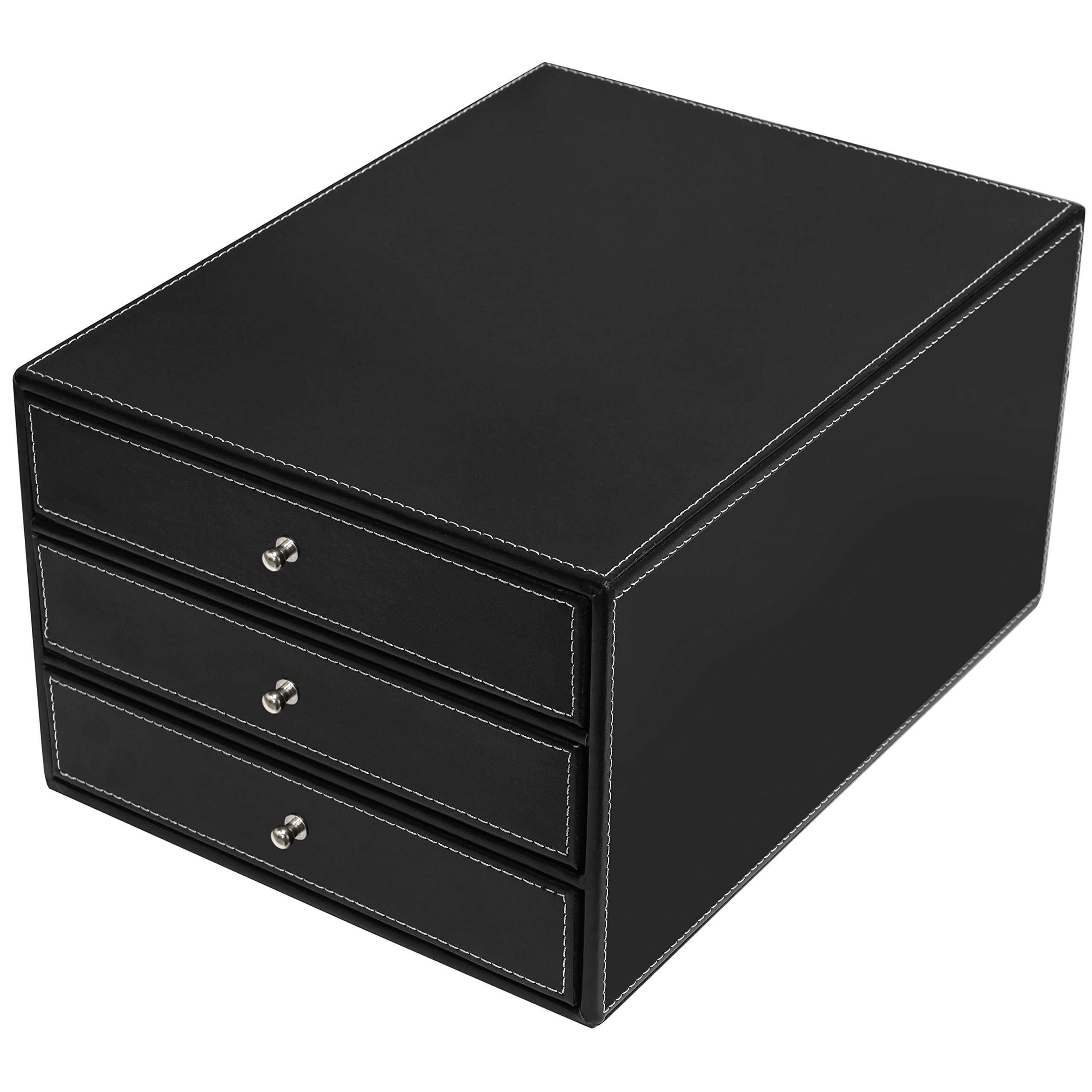 MyGift Executive 3-Drawer Leatherette Document Holder - Office Desk Filing Storage Box with Drawers, Black