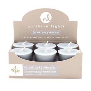 northern lights candles fragrance palette votive 6 pieces per box, sandalwood and patchouli