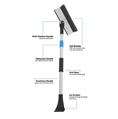 Extendable Snow Brush with Squeegee & Ice Scraper - Eva Foam Comfort Grip on Aluminum Handle, T-Shape Telescopic Auto Ice Scraper and Snow Brush - Car Truck SUV Windshield