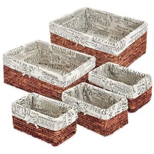 set of 5 brown rectangle woven storage nesting baskets for closet organization, bathroom shelves, pantry, vanity, bathroom, laundry, dresser, bookshelf organizing, small (3 sizes)