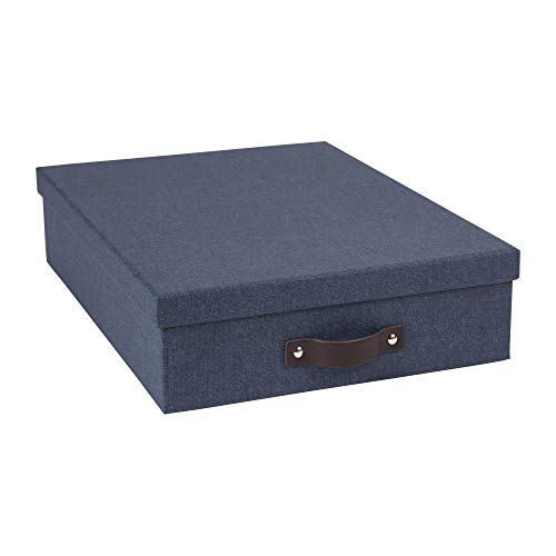 Bigso Oskar Canvas Fiberboard Document Letter Box | File Organizer Document Box for Important Paperwork | Document Storage Box with a Lid & Leather Handle | 3.3″x10.2″x13.8″ | Blue