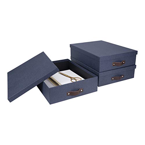 Bigso Oskar Canvas Fiberboard Document Letter Box | File Organizer Document Box for Important Paperwork | Document Storage Box with a Lid & Leather Handle | 3.3″x10.2″x13.8″ | Blue