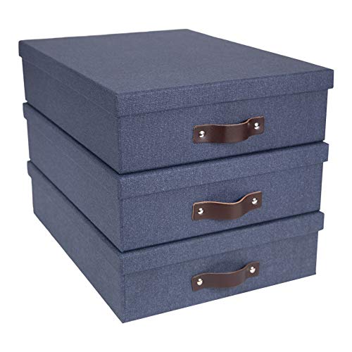 Bigso Oskar Canvas Fiberboard Document Letter Box | File Organizer Document Box for Important Paperwork | Document Storage Box with a Lid & Leather Handle | 3.3″x10.2″x13.8″ | Blue