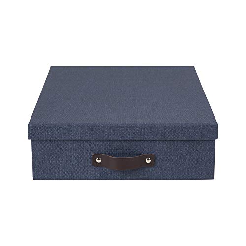 Bigso Oskar Canvas Fiberboard Document Letter Box | File Organizer Document Box for Important Paperwork | Document Storage Box with a Lid & Leather Handle | 3.3″x10.2″x13.8″ | Blue