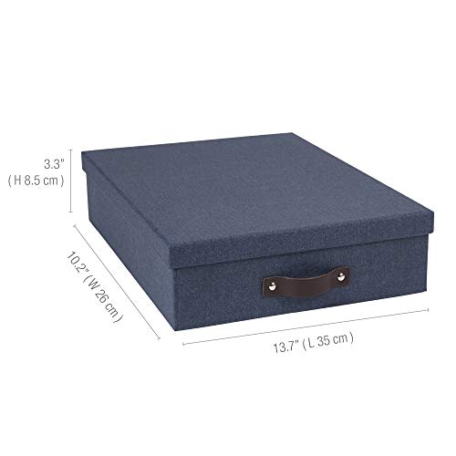 Bigso Oskar Canvas Fiberboard Document Letter Box | File Organizer Document Box for Important Paperwork | Document Storage Box with a Lid & Leather Handle | 3.3″x10.2″x13.8″ | Blue