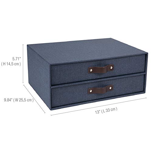 Bigso Birger 2-Drawer Canvas Fiberboard Easy Pull Handle Document Letter Box, 5.7 x 13 x 9.8 in, Blue