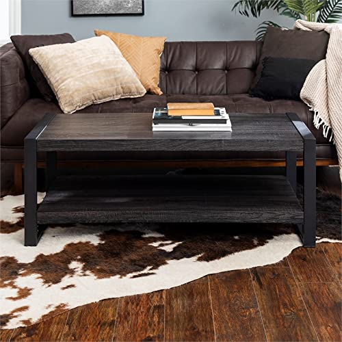 Walker Edison Industrial Modern Rectangle Metal Base and Wood Coffee Table Living Room Accent Ottoman, 48 Inch, Charcoal