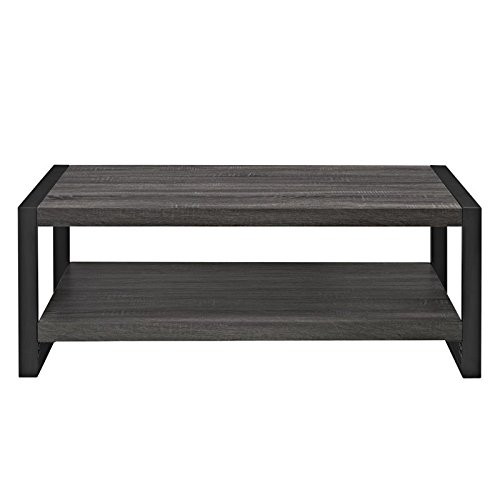 Walker Edison Industrial Modern Rectangle Metal Base and Wood Coffee Table Living Room Accent Ottoman, 48 Inch, Charcoal