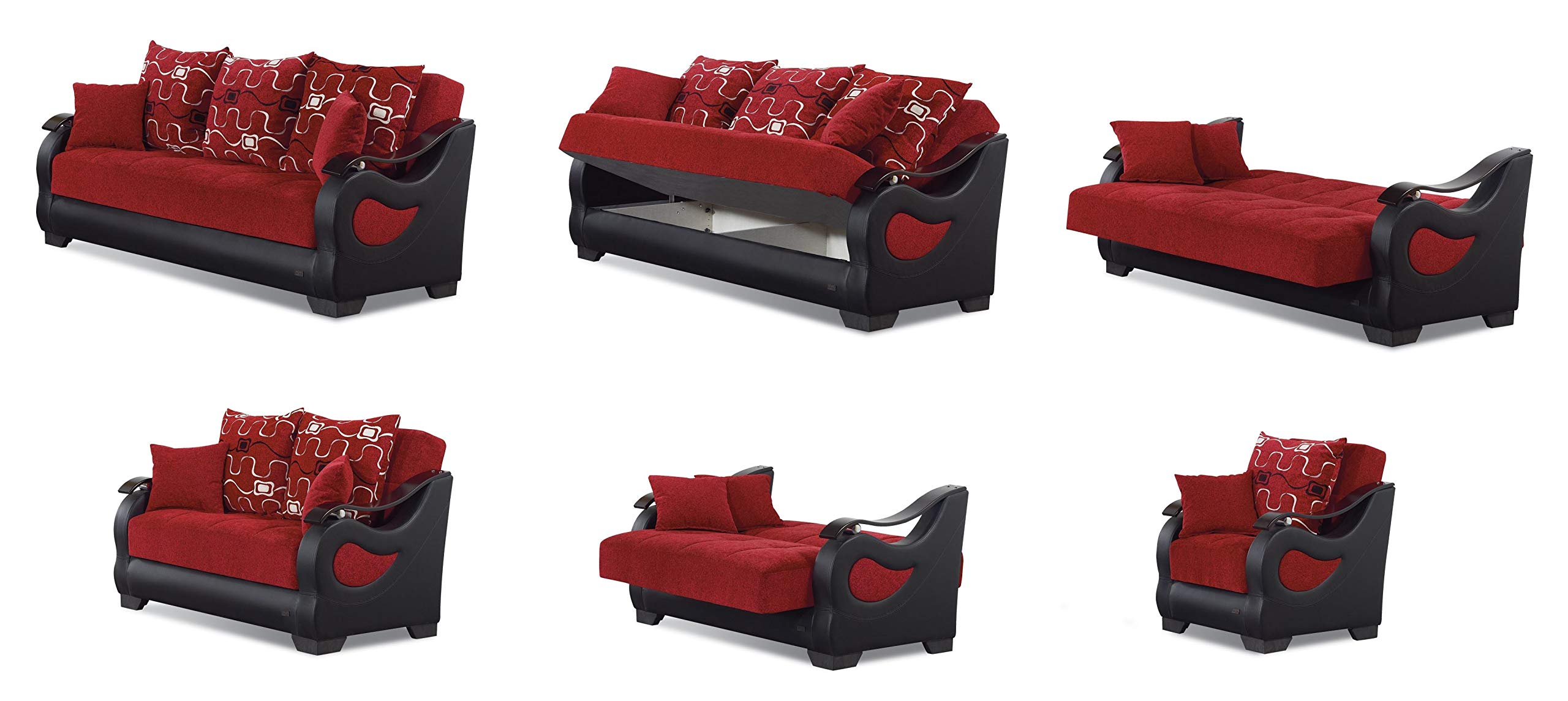 BEYAN Pittsburgh Collection Modern Convertible Storage Loveseat with Ample Storage Space, Includes 2 Pillows, Red/Black