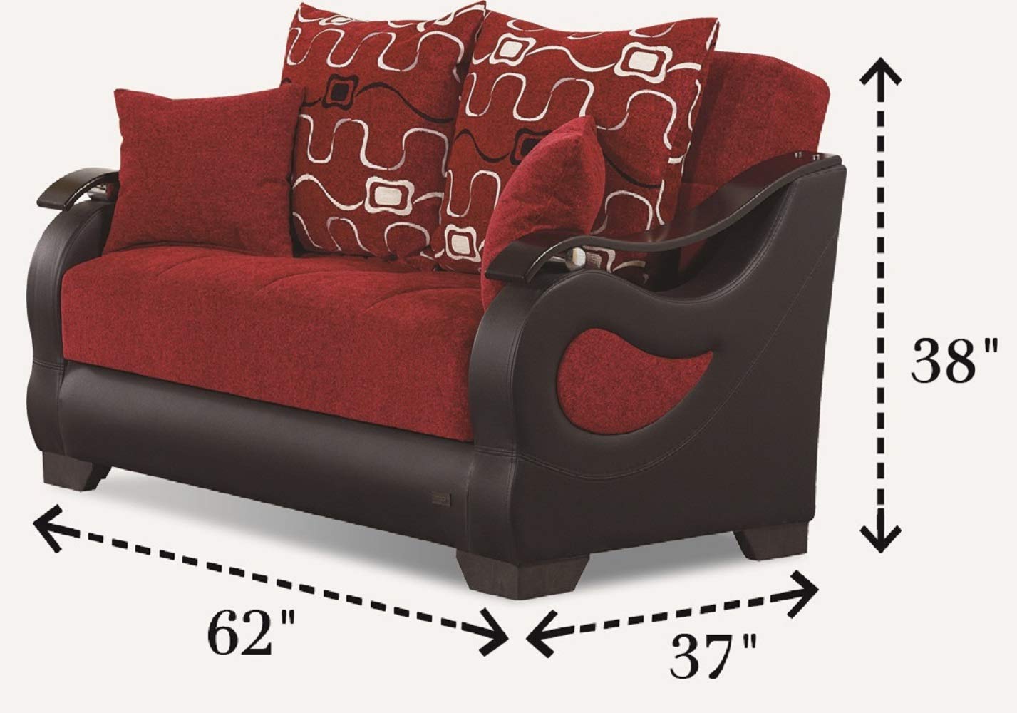 BEYAN Pittsburgh Collection Modern Convertible Storage Loveseat with Ample Storage Space, Includes 2 Pillows, Red/Black