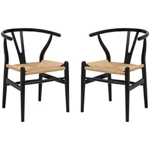 poly and bark weave modern wooden mid-century dining chair, hemp seat, black (set of 2)