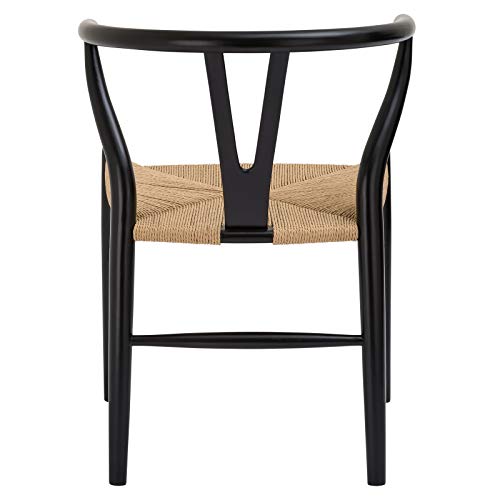 Poly and Bark Weave Modern Wooden Mid-Century Dining Chair, Hemp Seat, Black (Set of 2)
