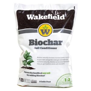wakefield biochar – premium garden soil conditioner – omri listed, bio char for raised gardens, potting mix, lawns – 1 cu/ft (25 pounds)