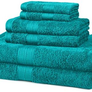 Amazon Basics 6-Piece Fade Resistant Bath towel, Hand and Washcloth Set - Cotton, Teal, 14.25"L x 10.85"W