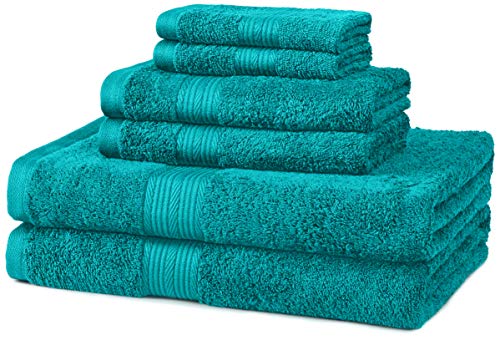 Amazon Basics 6-Piece Fade Resistant Bath towel, Hand and Washcloth Set - Cotton, Teal, 14.25"L x 10.85"W