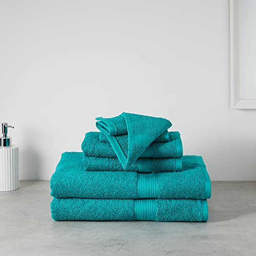 Amazon Basics 6-Piece Fade Resistant Bath towel, Hand and Washcloth Set - Cotton, Teal, 14.25"L x 10.85"W