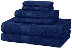 amazon basics 6-piece fade resistant bath towel, hand and washcloth set - cotton, navy blue, 14.25" l x 10.85" w