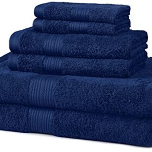 Amazon Basics 6-Piece Fade Resistant Bath towel, Hand and Washcloth Set - Cotton, Navy Blue, 14.25" L x 10.85" W
