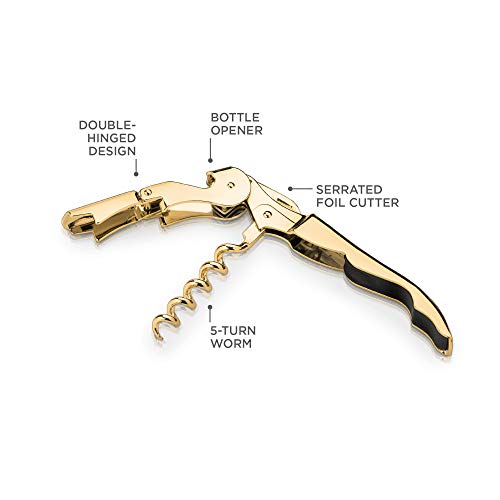 Viski 24k Gold Plated Signature Double Hinged Corkscrew Wine Bottle Opener and Foil Cutter, Waiter’s Corkscrew Wine Key, 4.75"