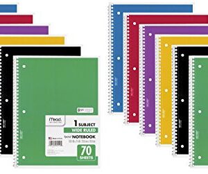 Mead Spiral Notebook, 1 Subject, 70 Wide Ruled Sheets, Assorted Colors, 12 Pack