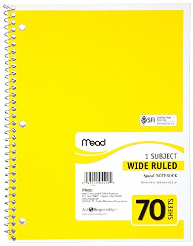 Mead Spiral Notebook, 1 Subject, 70 Wide Ruled Sheets, Assorted Colors, 12 Pack