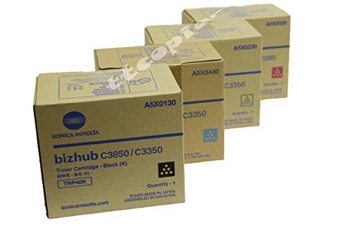 Konica Minolta TNP48K TNP48C TNP48M TNP48Y Bizhub C3350 C3850 Toner Cartridges Set (Black Cyan Magenta Yellow, 4-Pack) in Retail Packaging