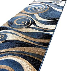 Nikos Modern Wide Runner Area Rug Blue Sculpture Design 258 (32in.X7ft.)