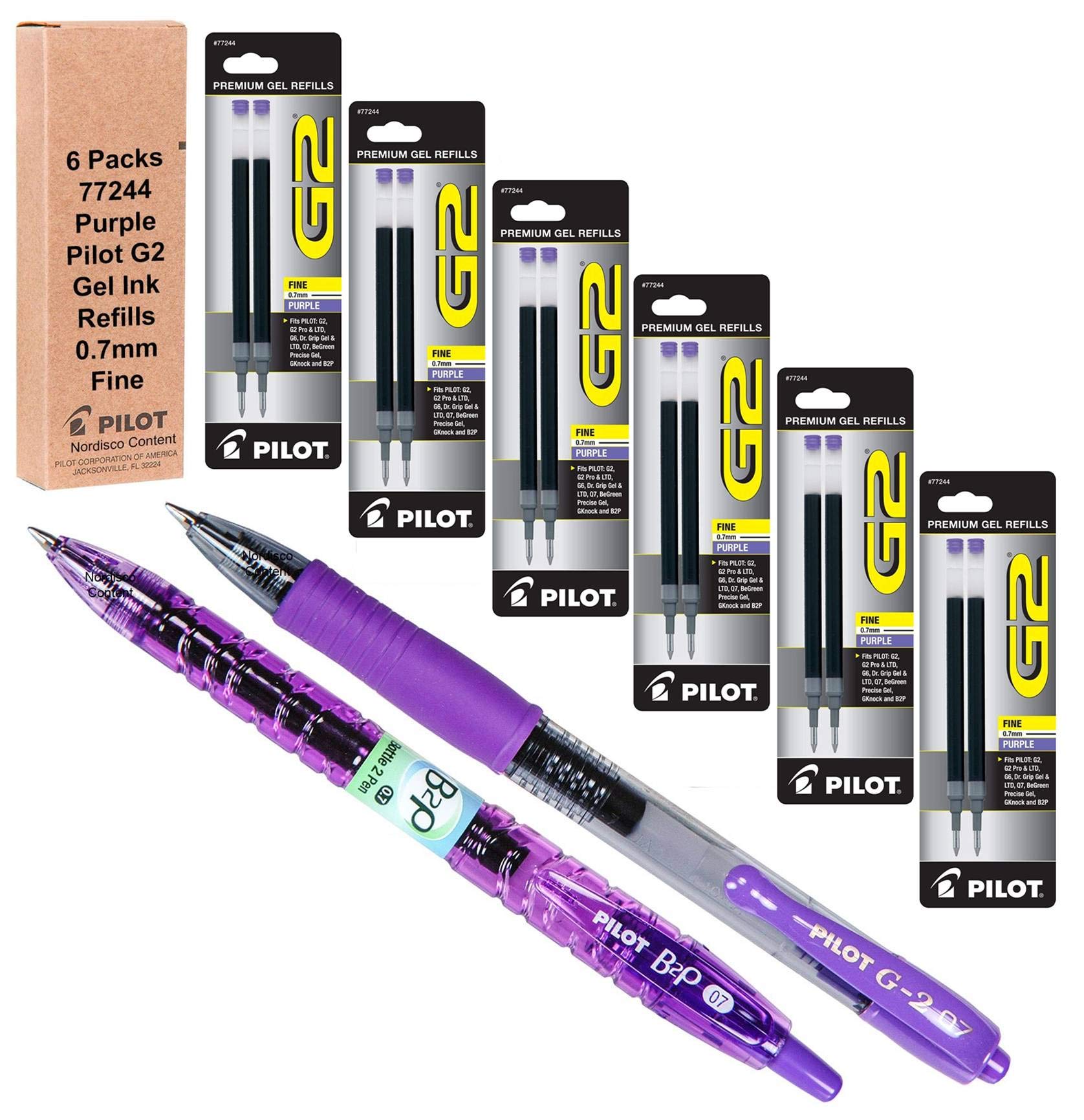 Pilot G2 Refills, Purple Ink 0.7mm Fine, 6 Packs of Refills Plus 1 Pilot G2 07 Purple Pen and 1 Pilot B2p Purple Pen