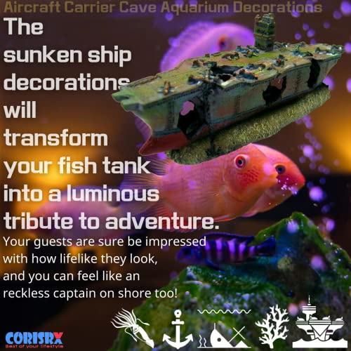 CORISRX BEST OF YOUR LIFESTYLE Dr. Moss Aircraft Carrier Cave Aquarium Ornament - Navy Warship Battleship Decoration Ship