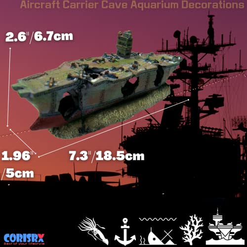 CORISRX BEST OF YOUR LIFESTYLE Dr. Moss Aircraft Carrier Cave Aquarium Ornament - Navy Warship Battleship Decoration Ship