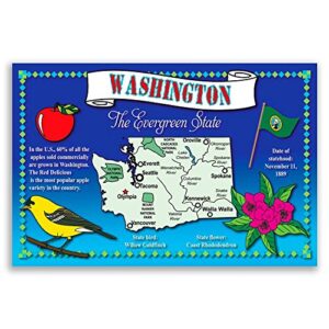 washington state map postcard set of 20 identical postcards. post cards with wa map and state symbols. made in usa.