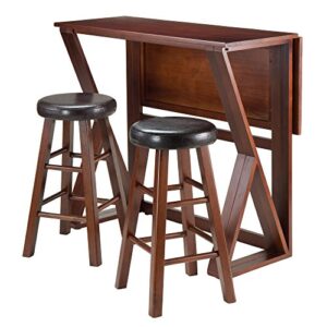 winsome 3-piece harrington drop leaf high table with 2 cushion round seat stools, 24-inch, brown