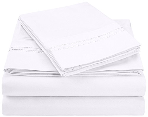 SUPERIOR 2-Line Bubble Embroidered Sheets, Luxurious Silky Soft, Light Weight, Wrinkle Free Brushed Microfiber, California King Size 4-Piece Sheet Set, White