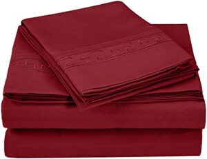 superior regal greek key embroidered sheets, luxurious silky soft, light weight, wrinkle free brushed microfiber, twin xl size 3 piece sheet set, burgundy