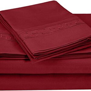 SUPERIOR Regal Greek Key Embroidered Sheets, Luxurious Silky Soft, Light Weight, Wrinkle Free Brushed Microfiber, Twin XL Size 3 Piece Sheet Set, Burgundy