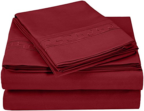 SUPERIOR Regal Greek Key Embroidered Sheets, Luxurious Silky Soft, Light Weight, Wrinkle Free Brushed Microfiber, Twin XL Size 3 Piece Sheet Set, Burgundy